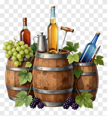 Wine Barrels With Bottles And Grapes PNG