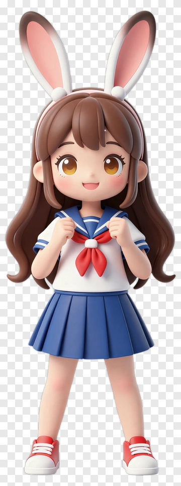 3D Girl In School Outfit With Bunny Ears PNG