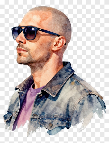 Watercolor Man In Sunglasses Wearing Denim Jacket PNG