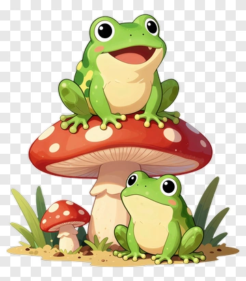 Cartoon Frogs Sitting On A Mushroom PNG