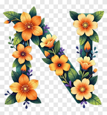 Floral Letter N With Orange Flowers PNG