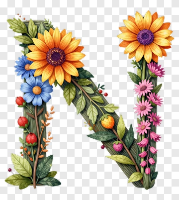 Floral Letter N With Colorful Flowers PNG