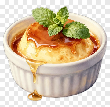 Delicious Flan With Caramel Sauce And Mint PNG