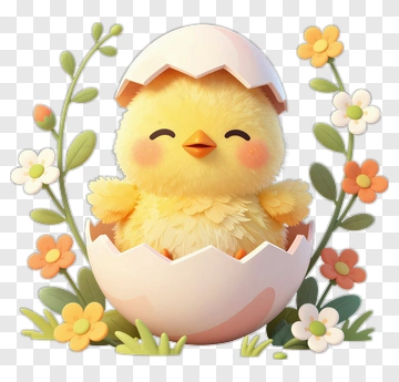 Cartoon Chick Hatching From Egg With Flowers PNG