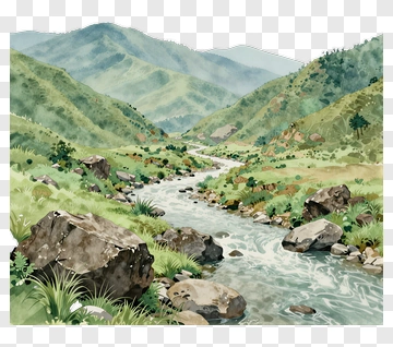 Watercolor River Flowing Through A Mountain Landscape PNG