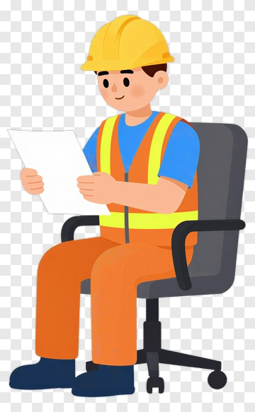 Cartoon Construction Worker Sitting And Reading A Document PNG