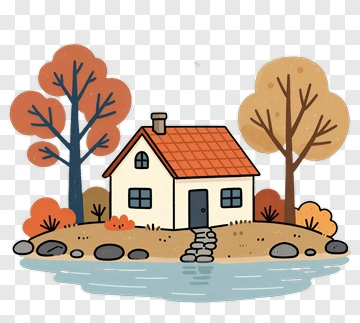 Cartoon House By The Water With Autumn Trees PNG