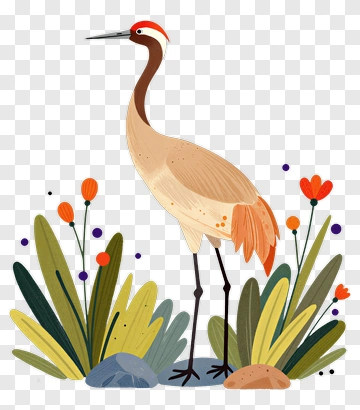 Crane Standing Among Colorful Plants PNG