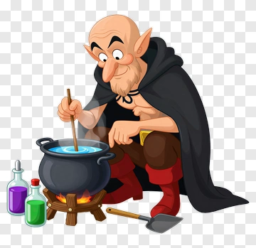 Cartoon Wizard Stirring A Cauldron PNG