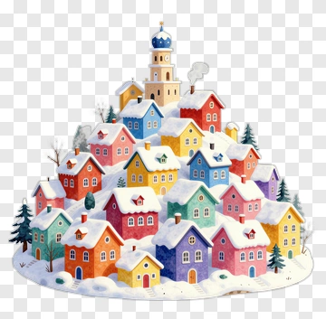 Colorful Winter Village With Snow-Covered Houses PNG