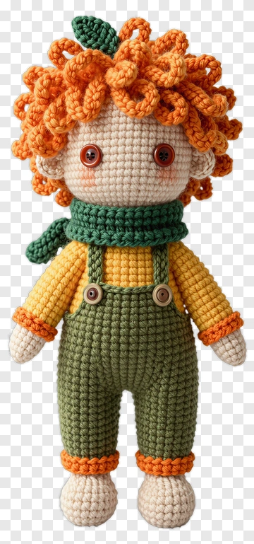 Crochet Doll With Orange Hair And Green Overalls PNG