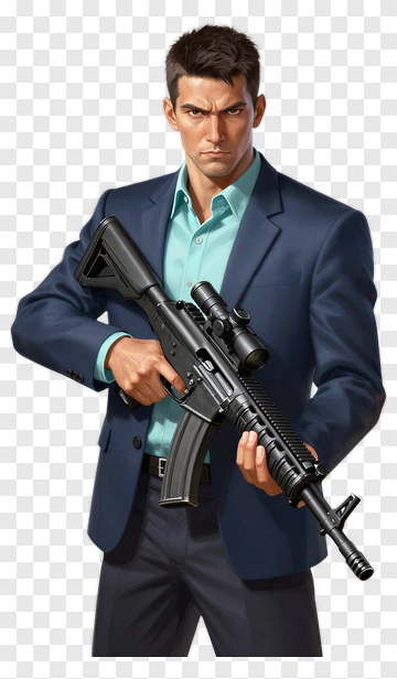 Man Holding A Rifle In A Suit PNG