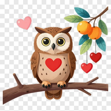 Cartoon Owl With Hearts And Oranges PNG