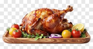 Roasted Chicken With Vegetables On A Wooden Platter PNG