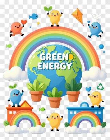 Colorful Green Energy Illustration With Cute Characters PNG
