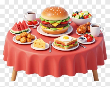 Delicious Meal With Hamburger, Salad, And Fruits PNG
