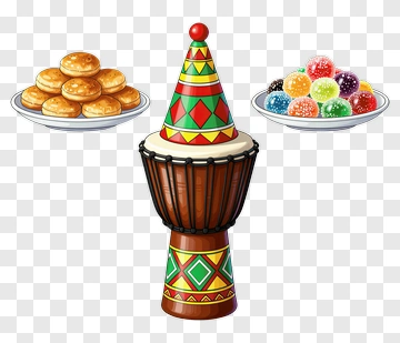 Colorful Drum Surrounded By Plates Of Snacks PNG
