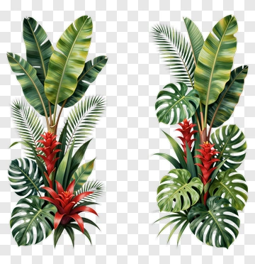 Tropical Plant Composition With Red Flowers PNG
