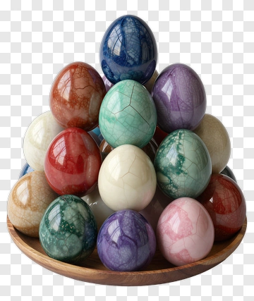 Colorful Decorative Eggs In A Wooden Bowl PNG