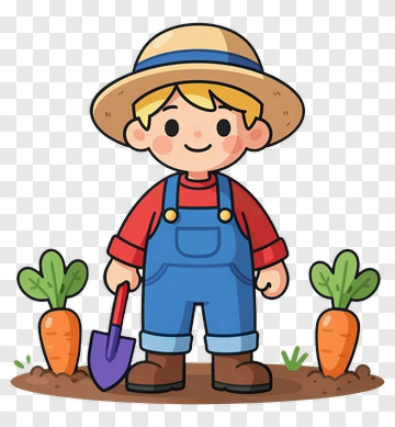 Cartoon Farmer Standing In A Garden With Carrots PNG