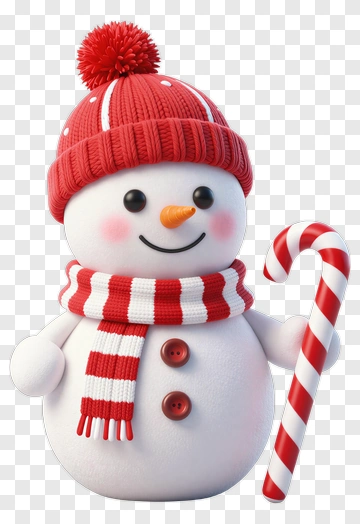 3D Snowman Holding A Candy Cane PNG
