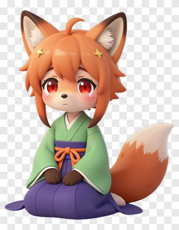 3D Fox Girl Sitting In Traditional Kimono PNG