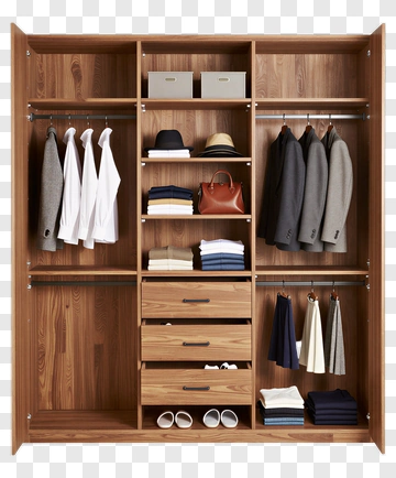Wooden Closet With Organized Clothing And Accessories PNG