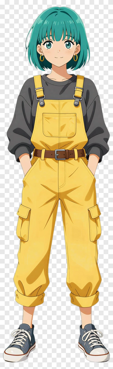 Anime Girl In Yellow Overalls With Green Hair PNG