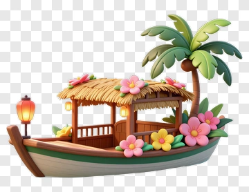 Tropical Boat With Palm Tree And Flowers PNG