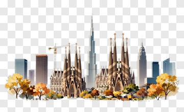 City Skyline With Sagrada Familia And Autumn Trees PNG