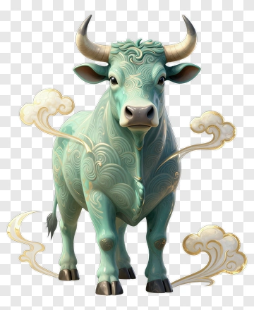 3D Ox With Decorative Clouds PNG