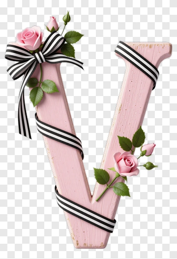 Decorative Pink Letter V With Roses And Ribbon PNG