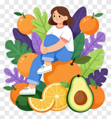 Girl Sitting Among Colorful Fruits And Leaves PNG