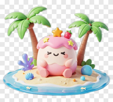 Cute Cartoon Beach Scene With A Pink Character PNG