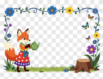 Cartoon Fox Holding A Teapot In A Flower Frame PNG
