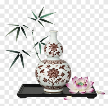 Decorative Vase With Lotus Flower And Bamboo PNG