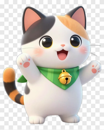 Cartoon Cat With Green Scarf And Bell PNG