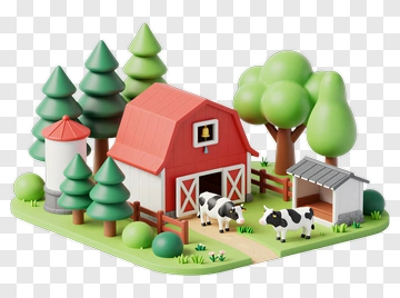 3D Farm With Barn And Cows PNG