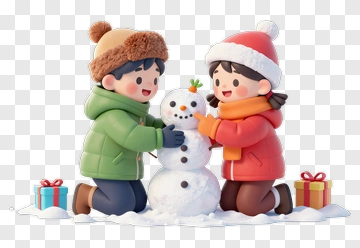 Children Building A Snowman In Winter PNG