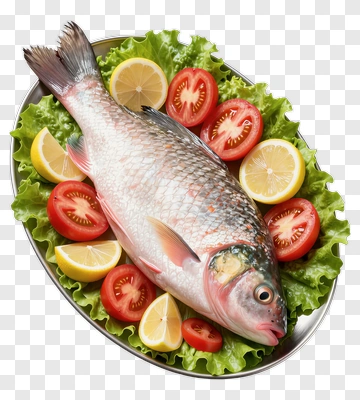 Fresh Fish On A Platter With Lemon And Tomatoes PNG
