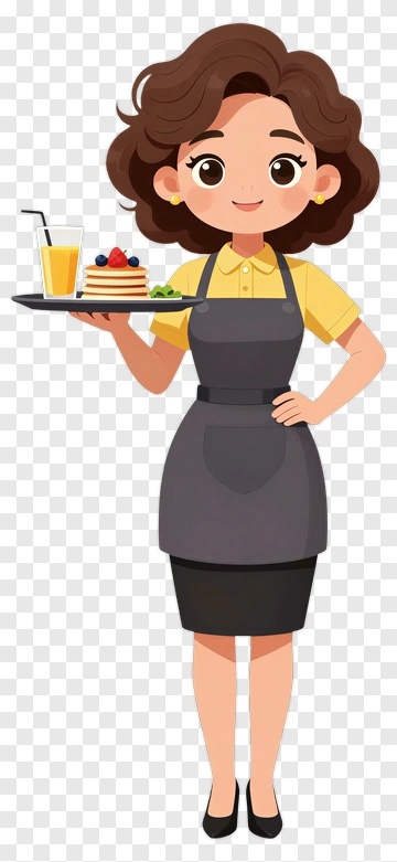 Cartoon Waitress Holding A Tray Of Food And Drink PNG