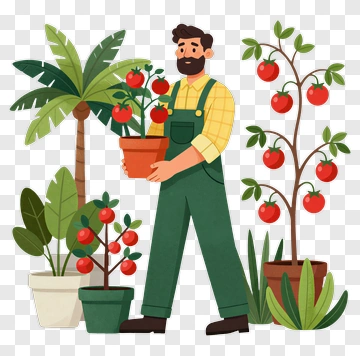 Gardener Holding A Potted Tomato Plant PNG