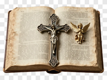 Open Book With Cross And Angel Figurine PNG