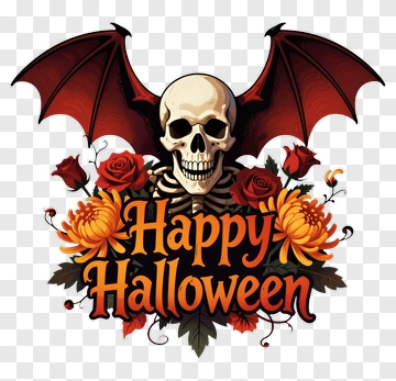 Halloween Skull With Flowers And Happy Halloween Text PNG