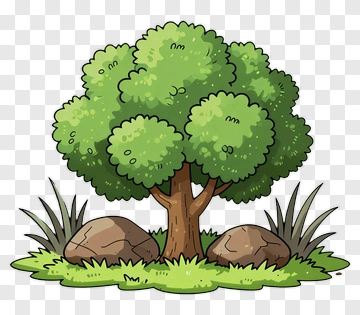 Cartoon Tree With Rocks And Grass PNG