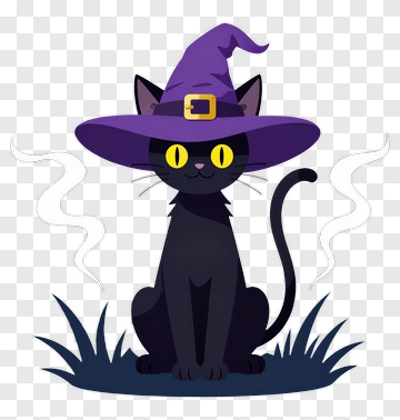 Cartoon Black Cat Wearing A Witch Hat PNG