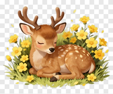 Cartoon Fawn Sleeping Among Flowers PNG