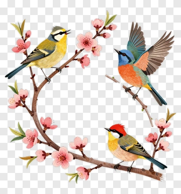 Colorful Birds Among Cherry Blossoms PNG