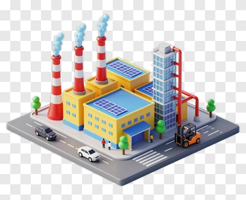 3D Industrial Factory With Smoke Stacks And Vehicles PNG