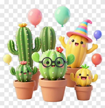 Colorful Cartoon Cacti With Balloons PNG
